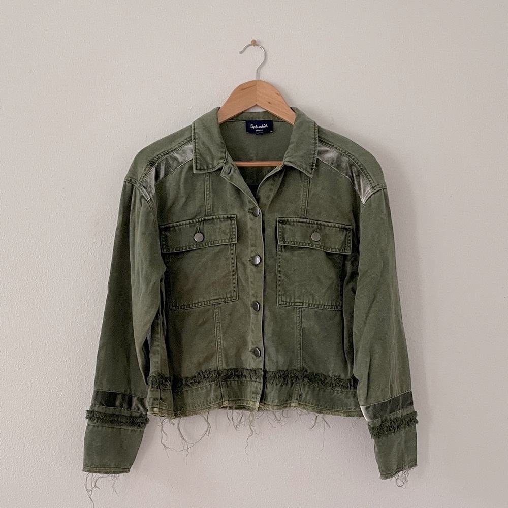Splendid Velvet Trim Shirt Jacket Button Up Military Green Staple Wardrobe